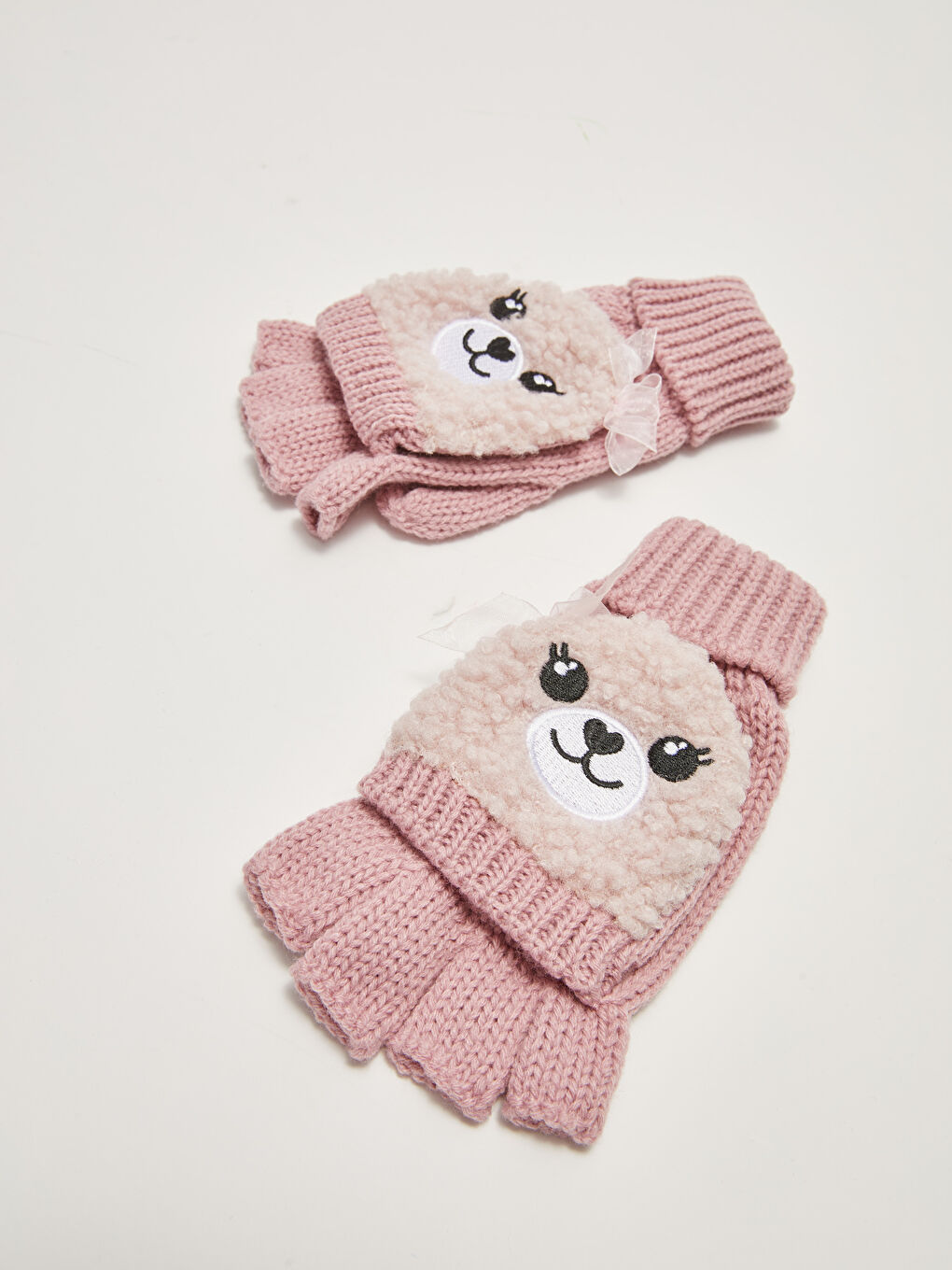 Pembe Kız Çocuk Triko Nakışlı Kapaklı Eldiven-1