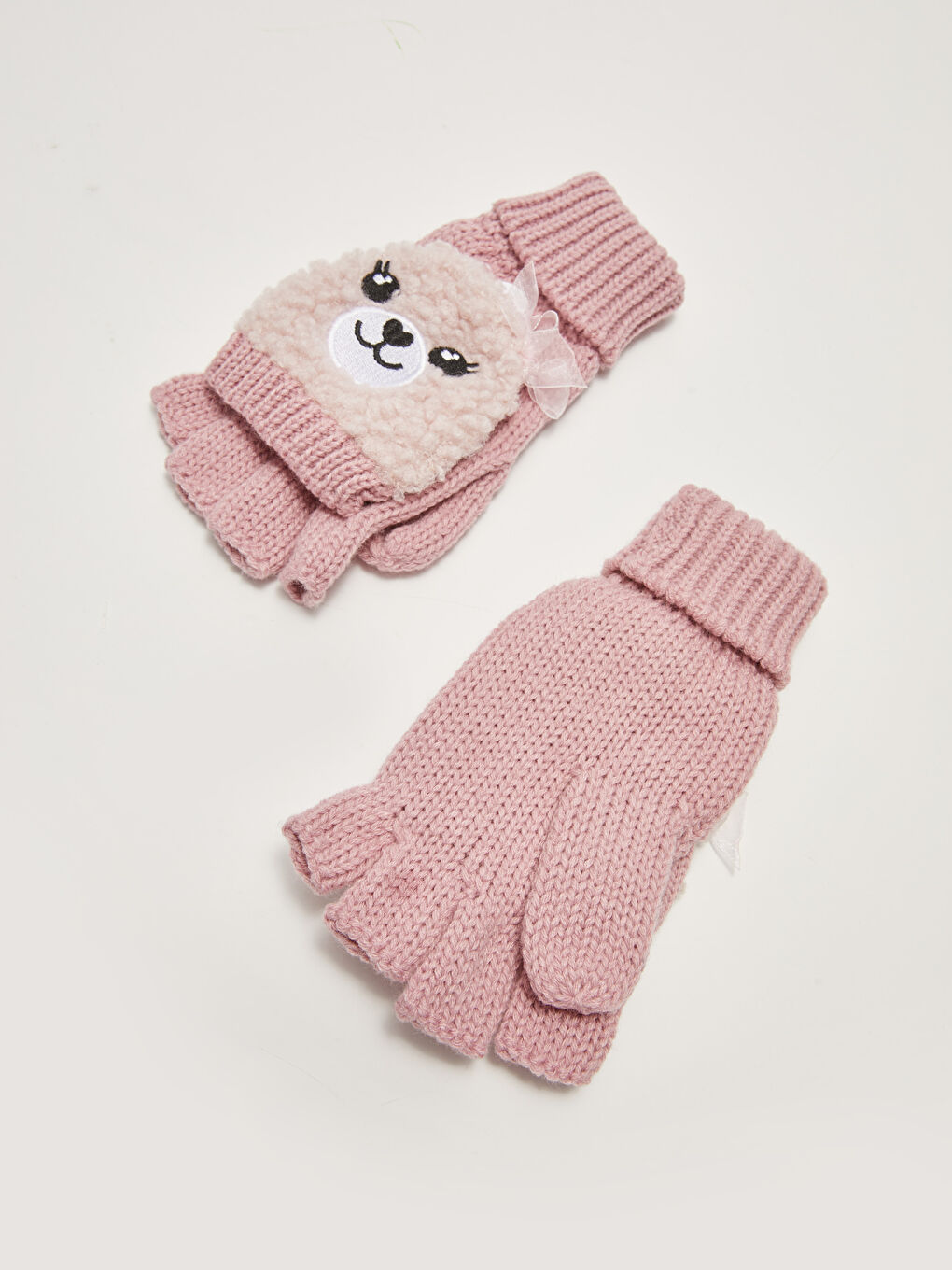 Pembe Kız Çocuk Triko Nakışlı Kapaklı Eldiven-2