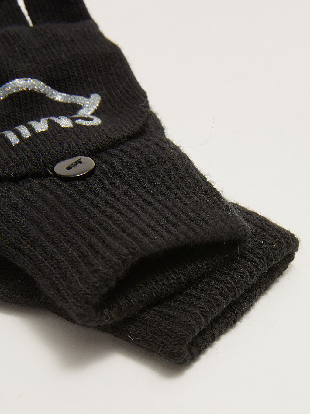 Siyah Kız Çocuk Triko Nakışlı Kapaklı Eldiven-2