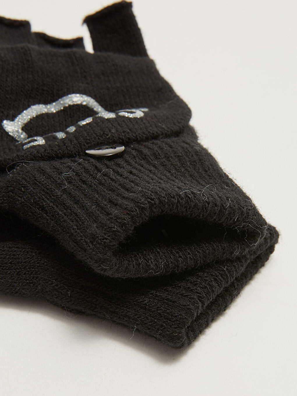 Siyah Kız Çocuk Triko Nakışlı Kapaklı Eldiven-3