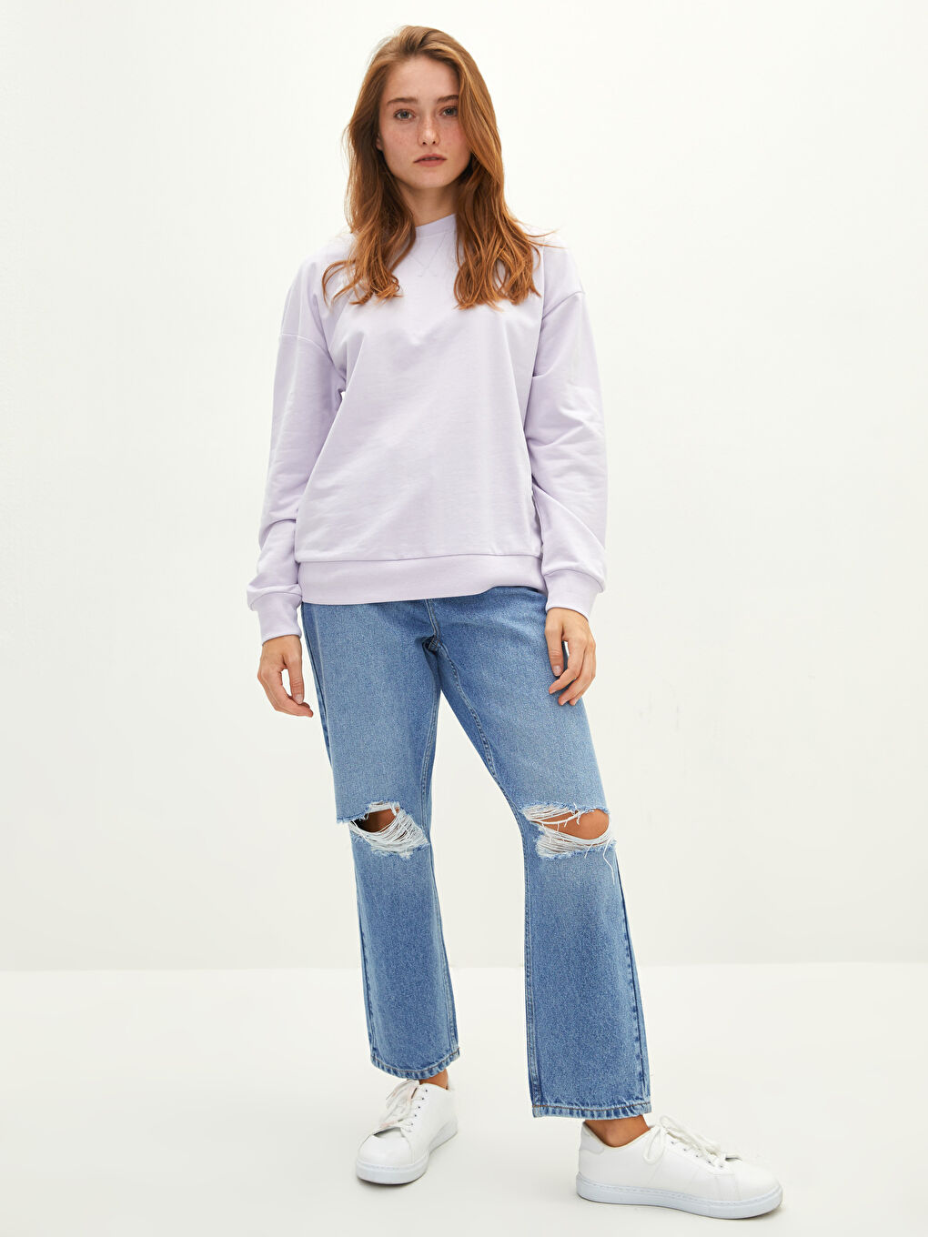 Әйелдерге арналған өрнексіз дөңгелек жағалы ұзын жең свитшот-2