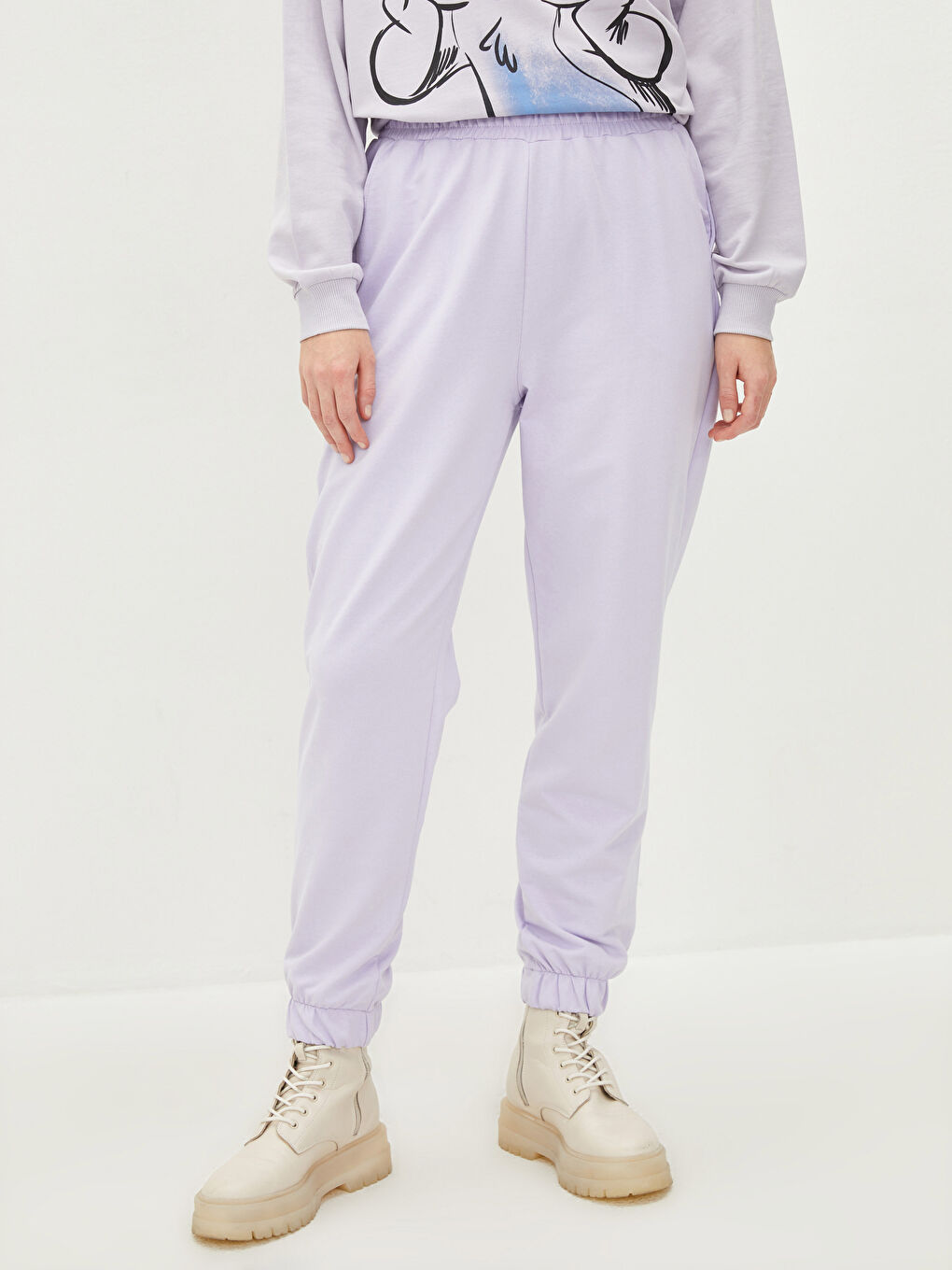 Lila Beli Lastikli Düz Cep Detaylı Kadın Eşofman Altı-3