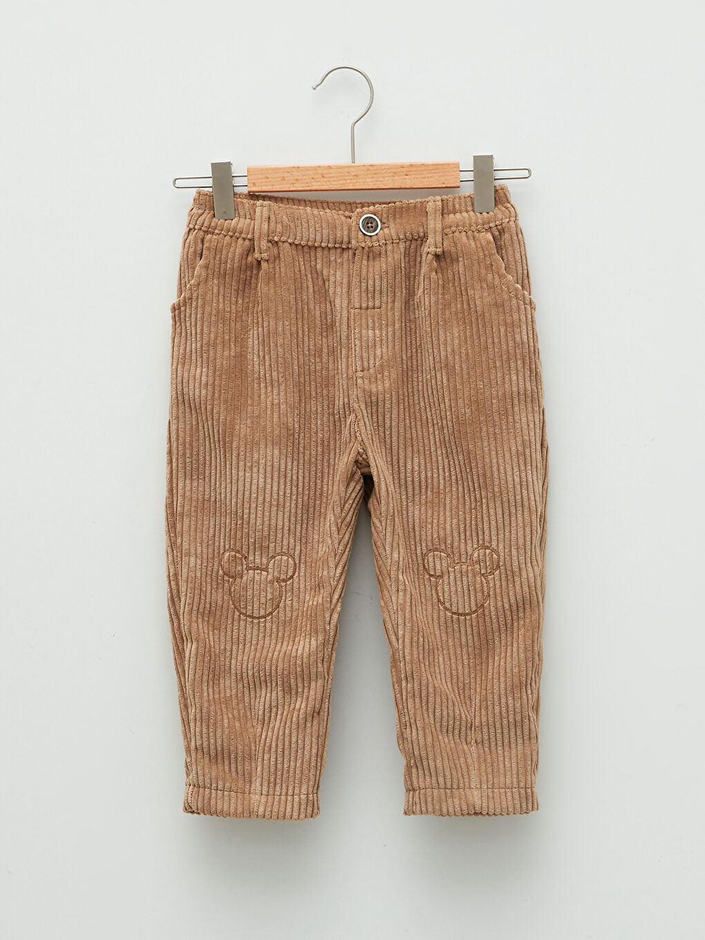 Haki Mickey Mouse Nakışlı Kadife Erkek Bebek Pantolon