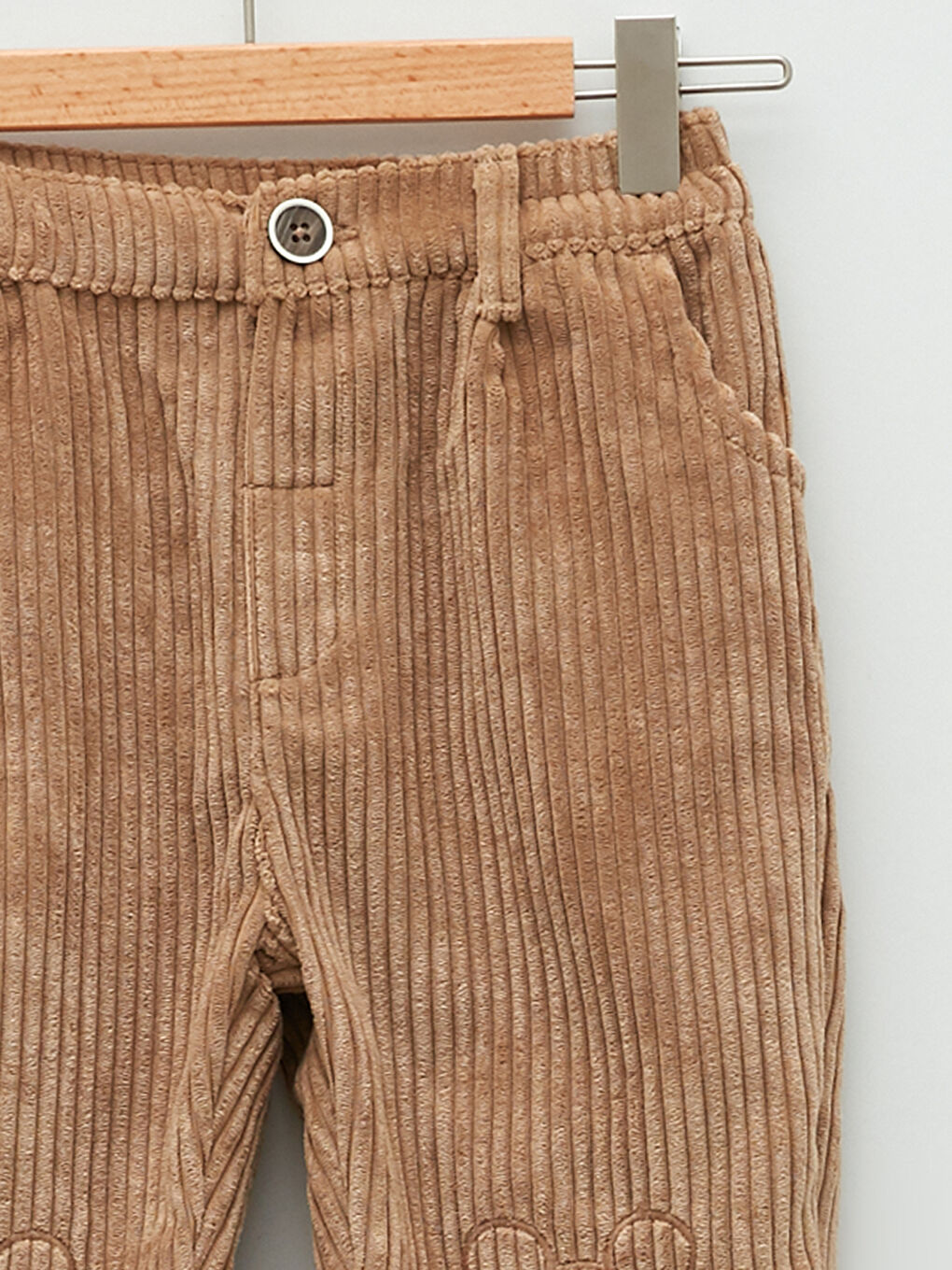 Haki Mickey Mouse Nakışlı Kadife Erkek Bebek Pantolon-2