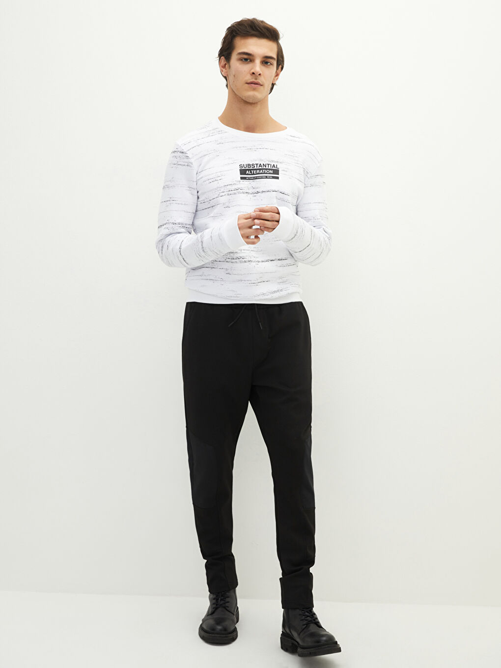 Beyaz Bisiklet Yaka Uzun Kollu Erkek Kalın Sweatshirt-2