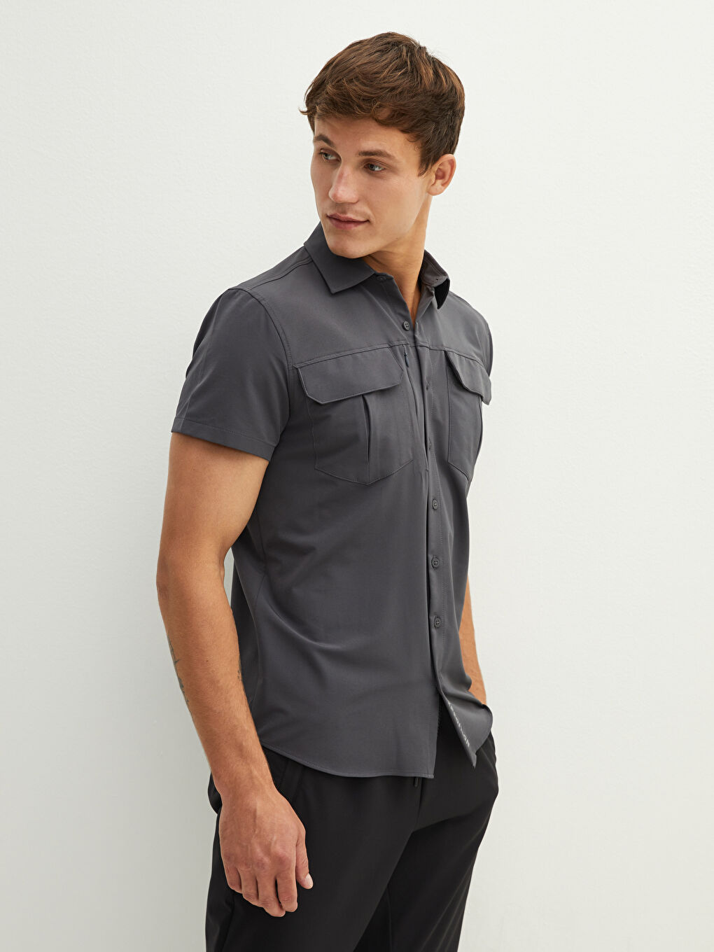 Gri Regular Fit Kısa Kollu Erkek Gömlek-2
