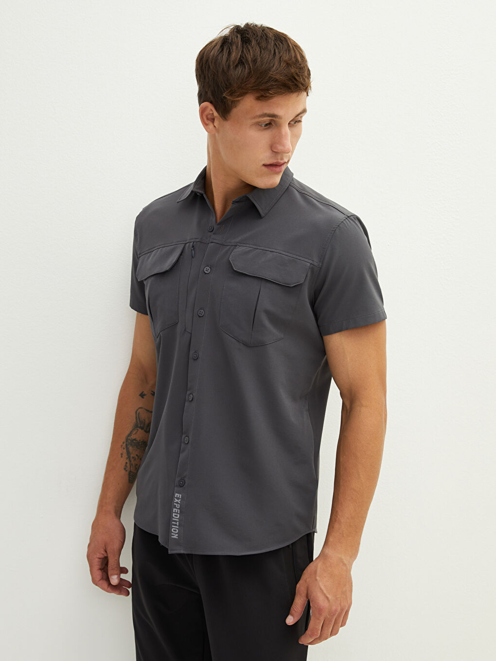 Gri Regular Fit Kısa Kollu Erkek Gömlek-1