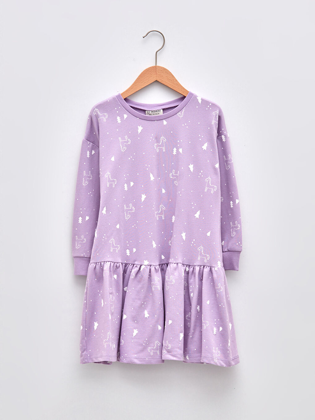 Lila Bisiklet Yaka Baskılı Uzun Kollu Kız Çocuk Elbise