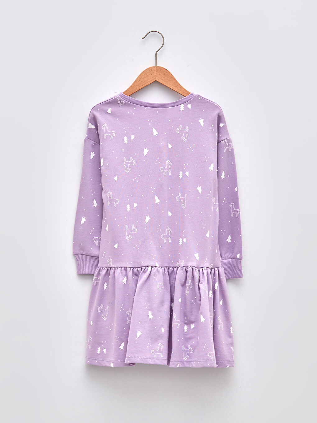 Lila Bisiklet Yaka Baskılı Uzun Kollu Kız Çocuk Elbise-1