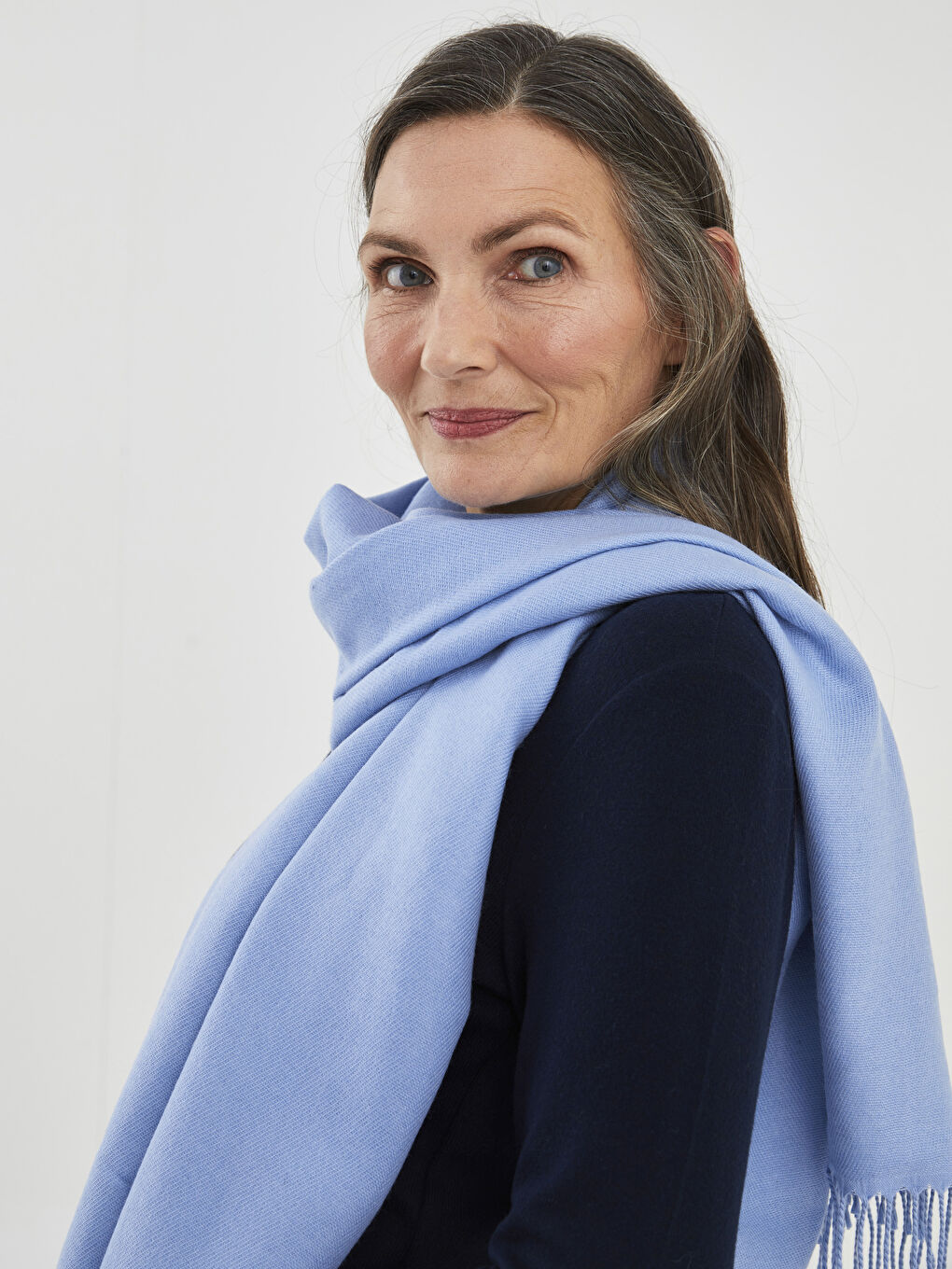 Mavi Düz Çift Taraflı Kadın Atkı-1