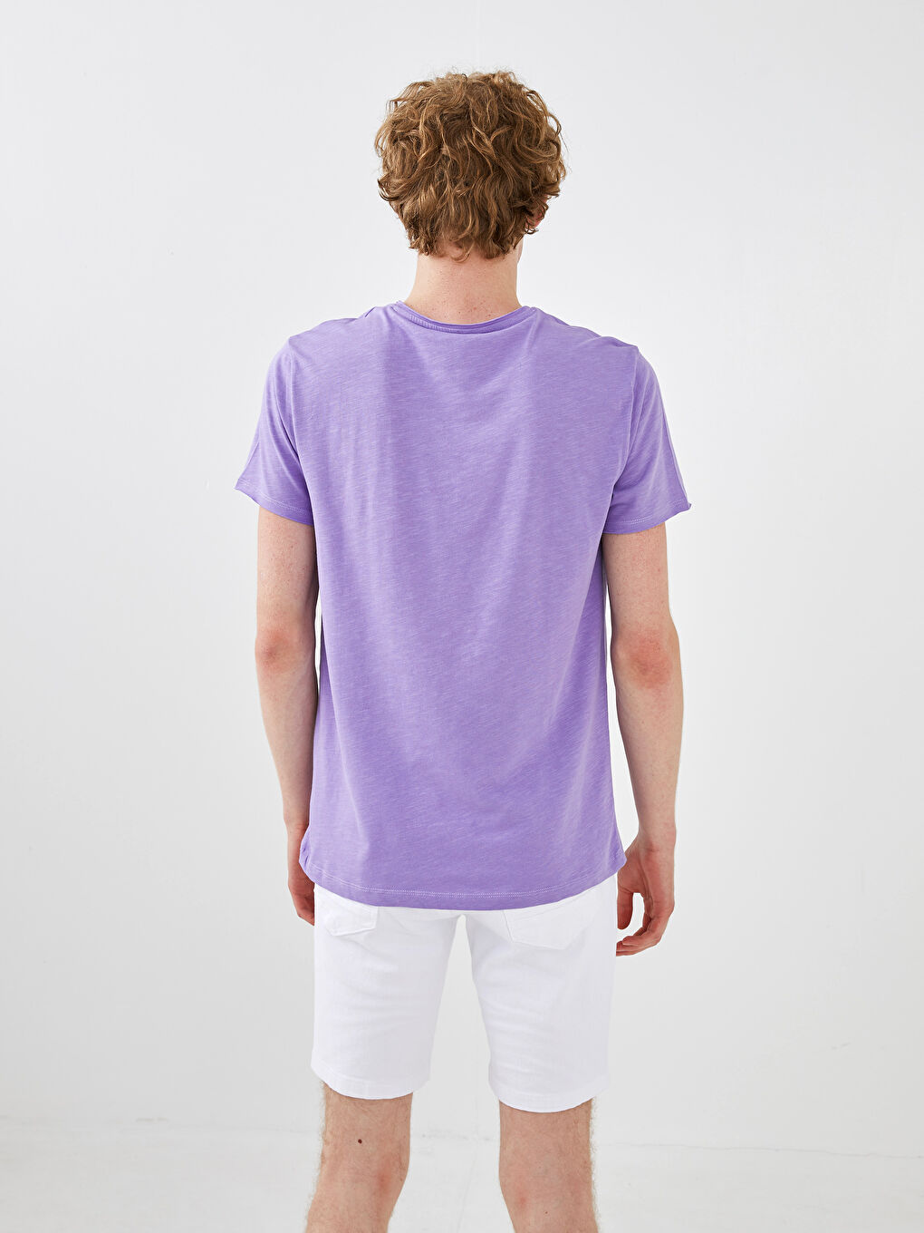 Lila Bisiklet Yaka Kısa Kollu Basic Penye Erkek Tişört-2