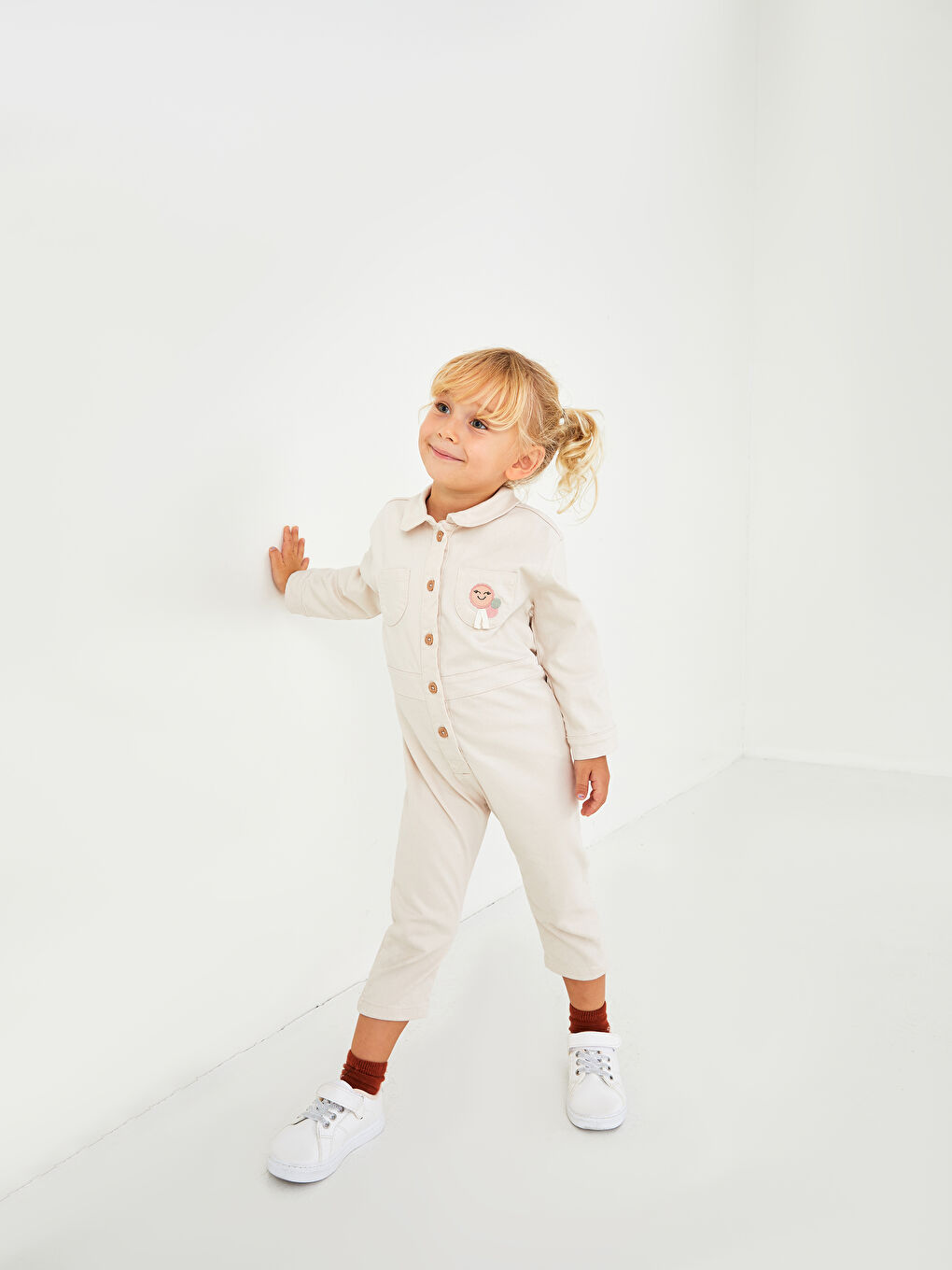 Polo Neck Long Sleeve Embroidery Detailed Baby Girl Salopet