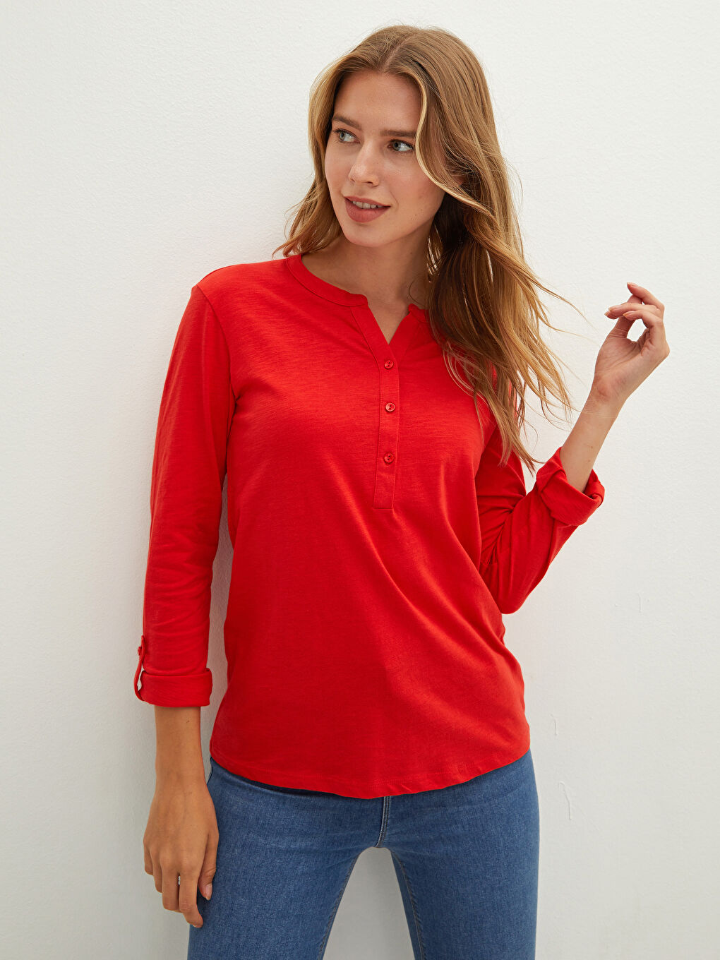 LCWAIKIKI Basic V Neck Straight Long Sleeve Cotton Women's T-Shirt -W1BA69Z8-GYH