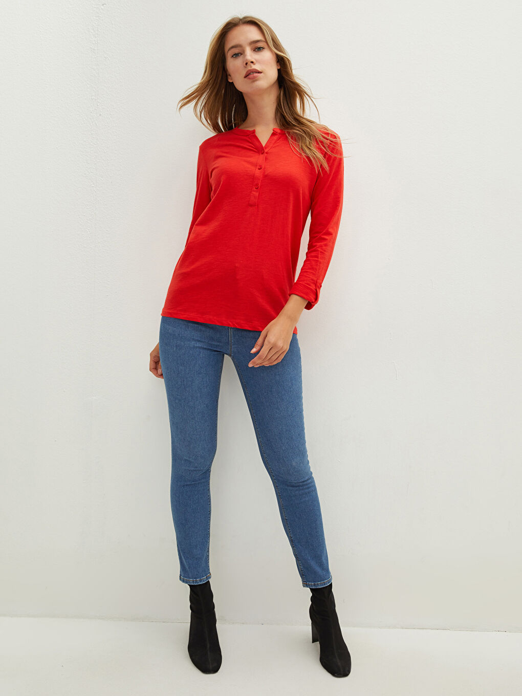 LCWAIKIKI Basic V Neck Straight Long Sleeve Cotton Women's T-Shirt -W1BA69Z8-GYH