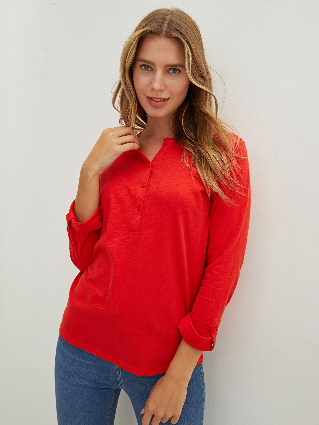 LCWAIKIKI Basic V Neck Straight Long Sleeve Cotton Women's T-Shirt -W1BA69Z8-GYH