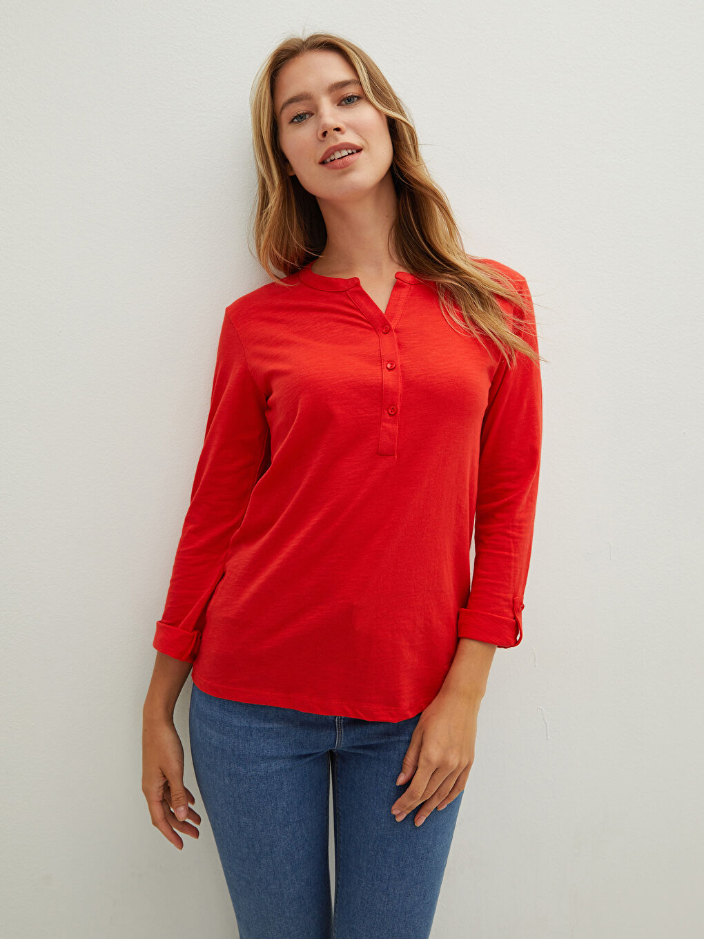 LCWAIKIKI Basic V Neck Straight Long Sleeve Cotton Women's T-Shirt -W1BA69Z8-GYH