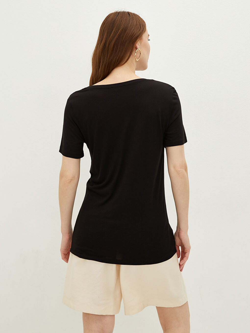 V-Neck Straight Short Sleeve Viscose Women's T-Shirt-4