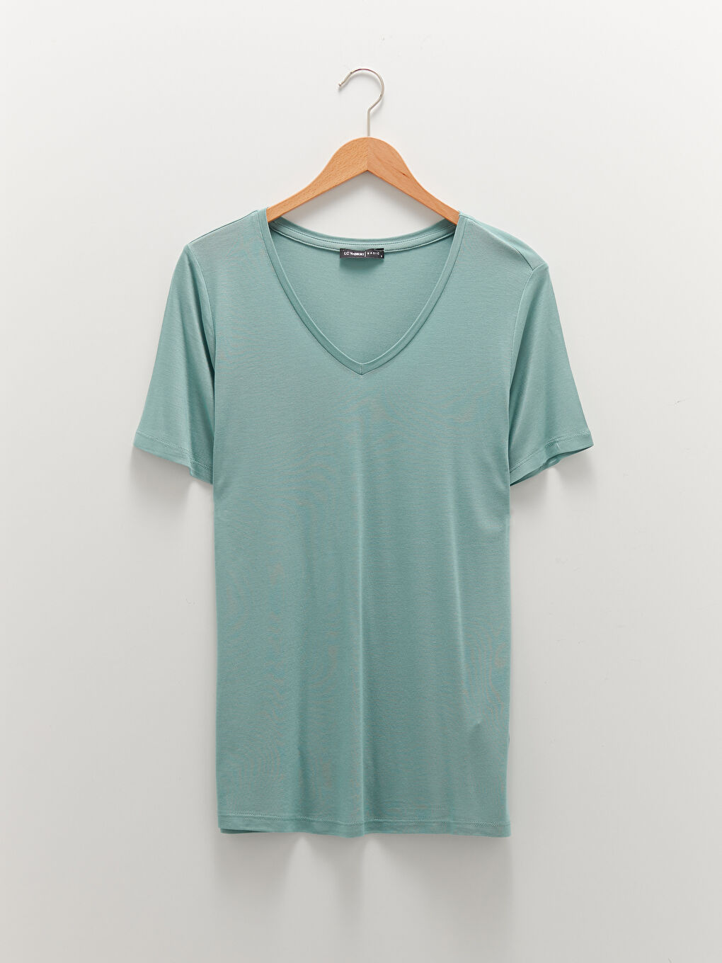 Turkuaz V Yaka Düz Kısa Kollu Viskon Kadın Tişört-5