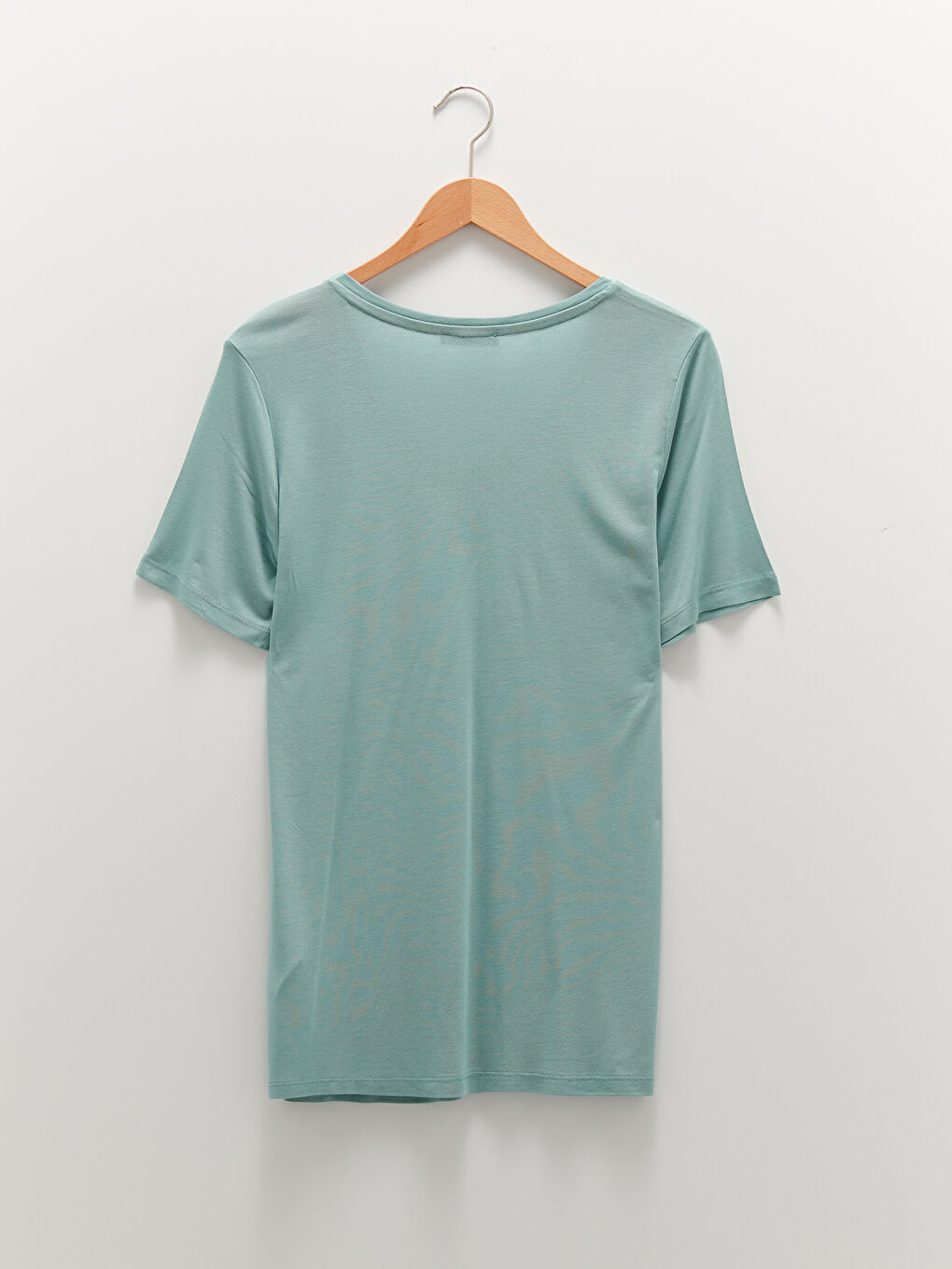 Turkuaz V Yaka Düz Kısa Kollu Viskon Kadın Tişört-6
