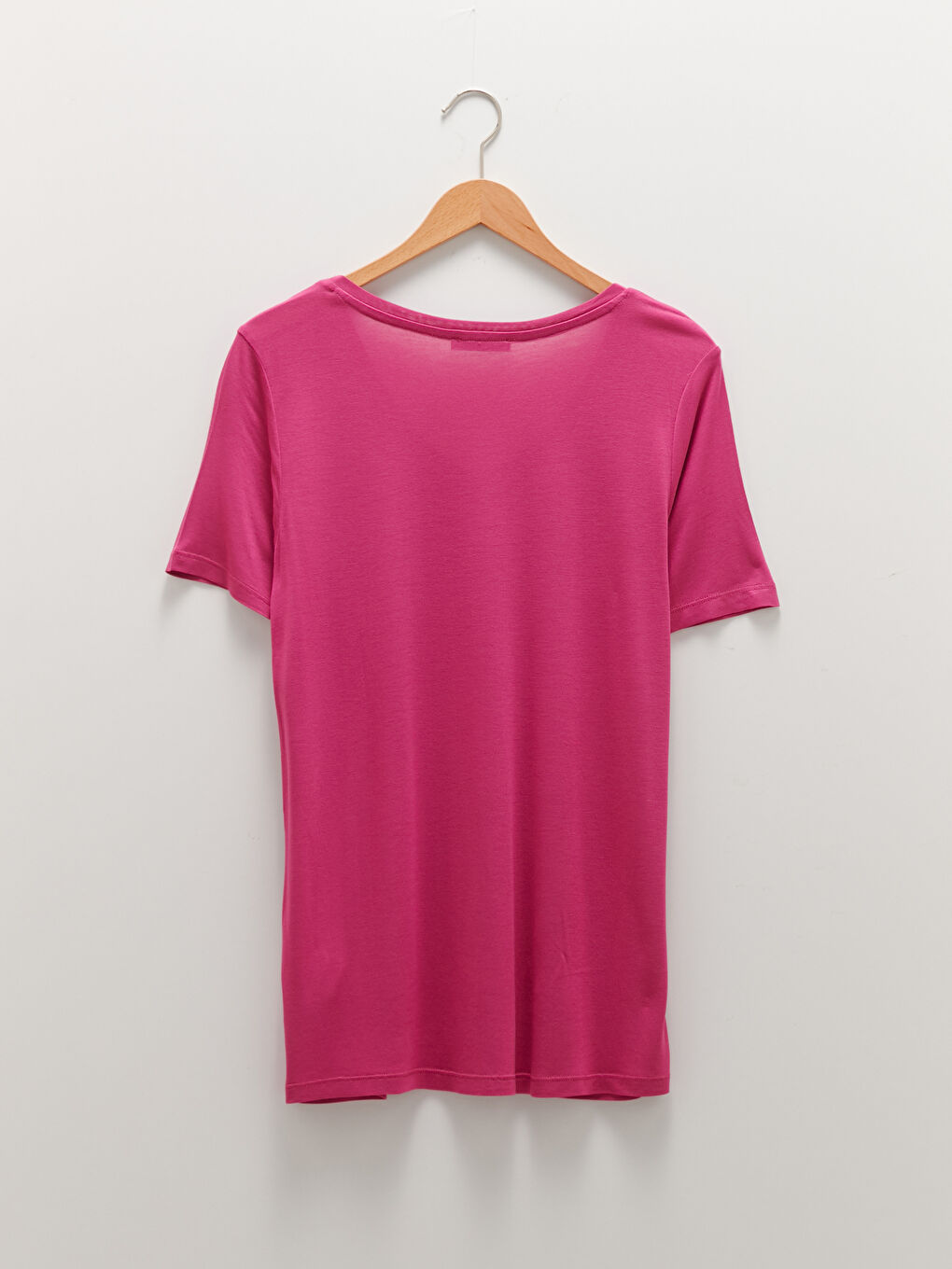 Fuşya V Yaka Düz Kısa Kollu Viskon Kadın Tişört-5