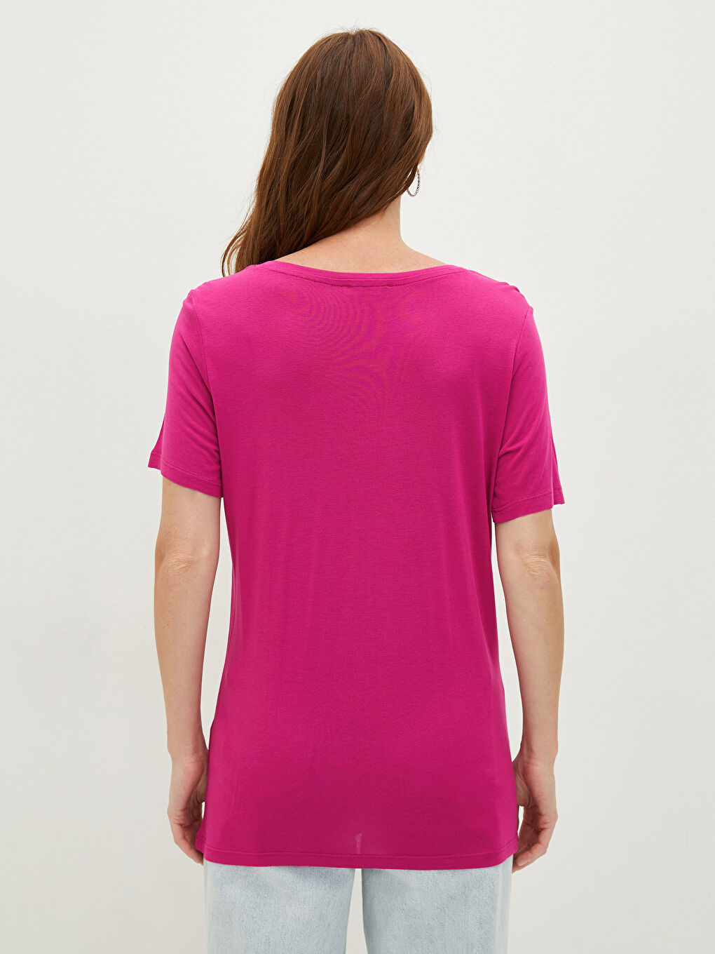Fuşya V Yaka Düz Kısa Kollu Viskon Kadın Tişört-3