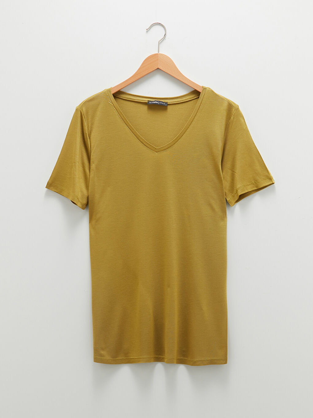 Yeşil V Yaka Düz Kısa Kollu Viskon Kadın Tişört-4