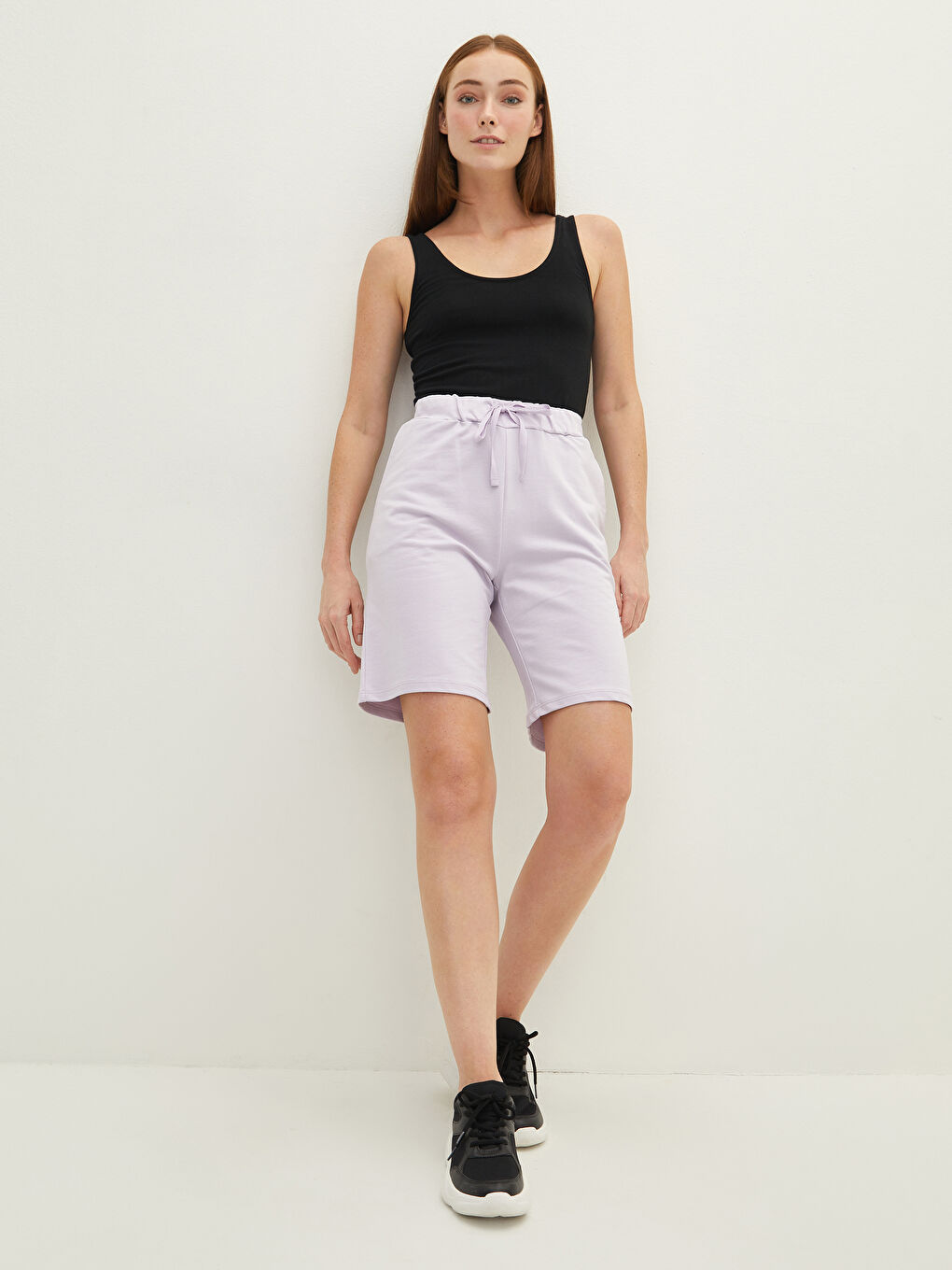 Elastic Waist Regular Pocket Detailed Cotton Women's Bermuda Shorts-2