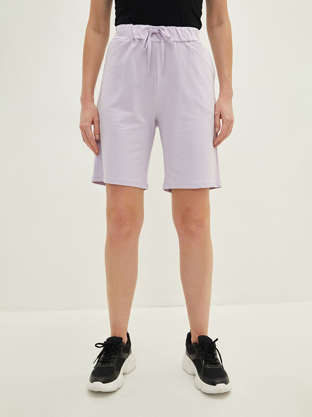 Elastic Waist Regular Pocket Detailed Cotton Women's Bermuda Shorts-3