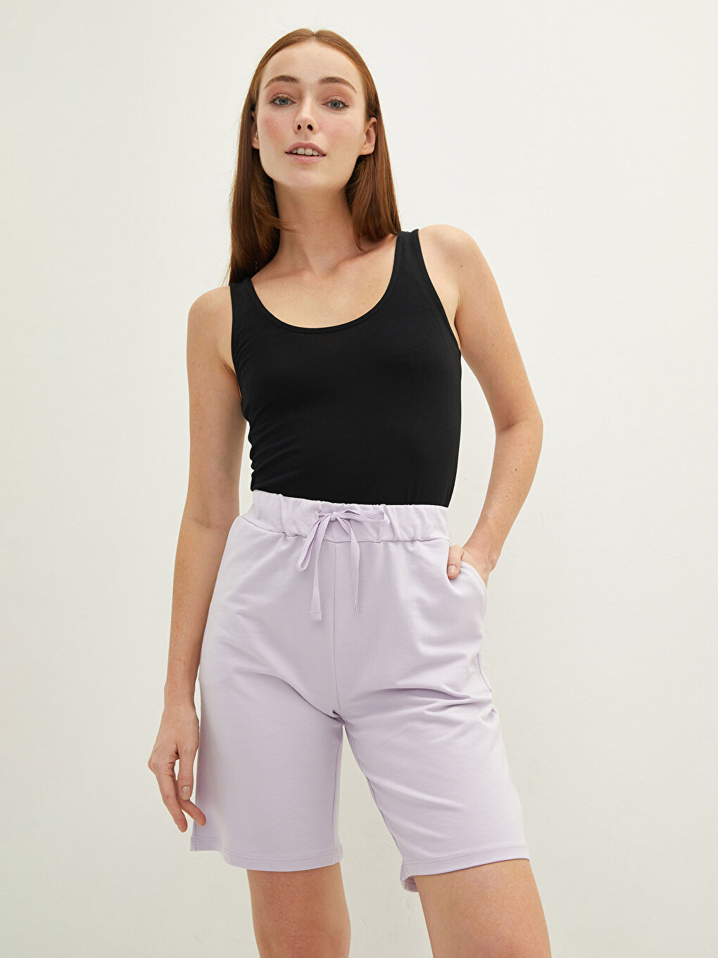 Elastic Waist Regular Pocket Detailed Cotton Women's Bermuda Shorts