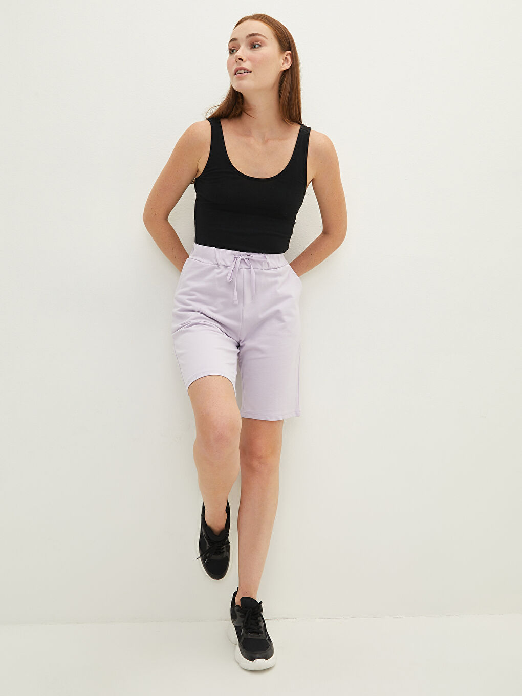 Elastic Waist Regular Pocket Detailed Cotton Women's Bermuda Shorts-1