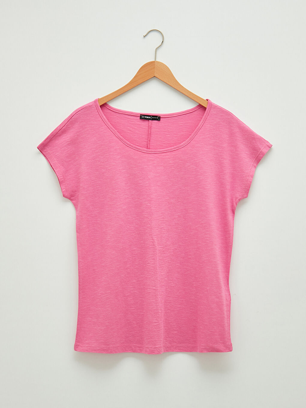 Pembe Bisiklet Yaka Düz Kısa Kollu Kadın Tişört-5