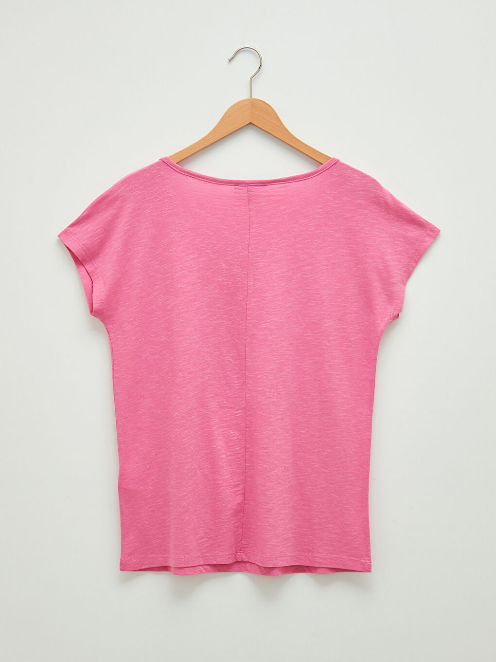 Pembe Bisiklet Yaka Düz Kısa Kollu Kadın Tişört-6