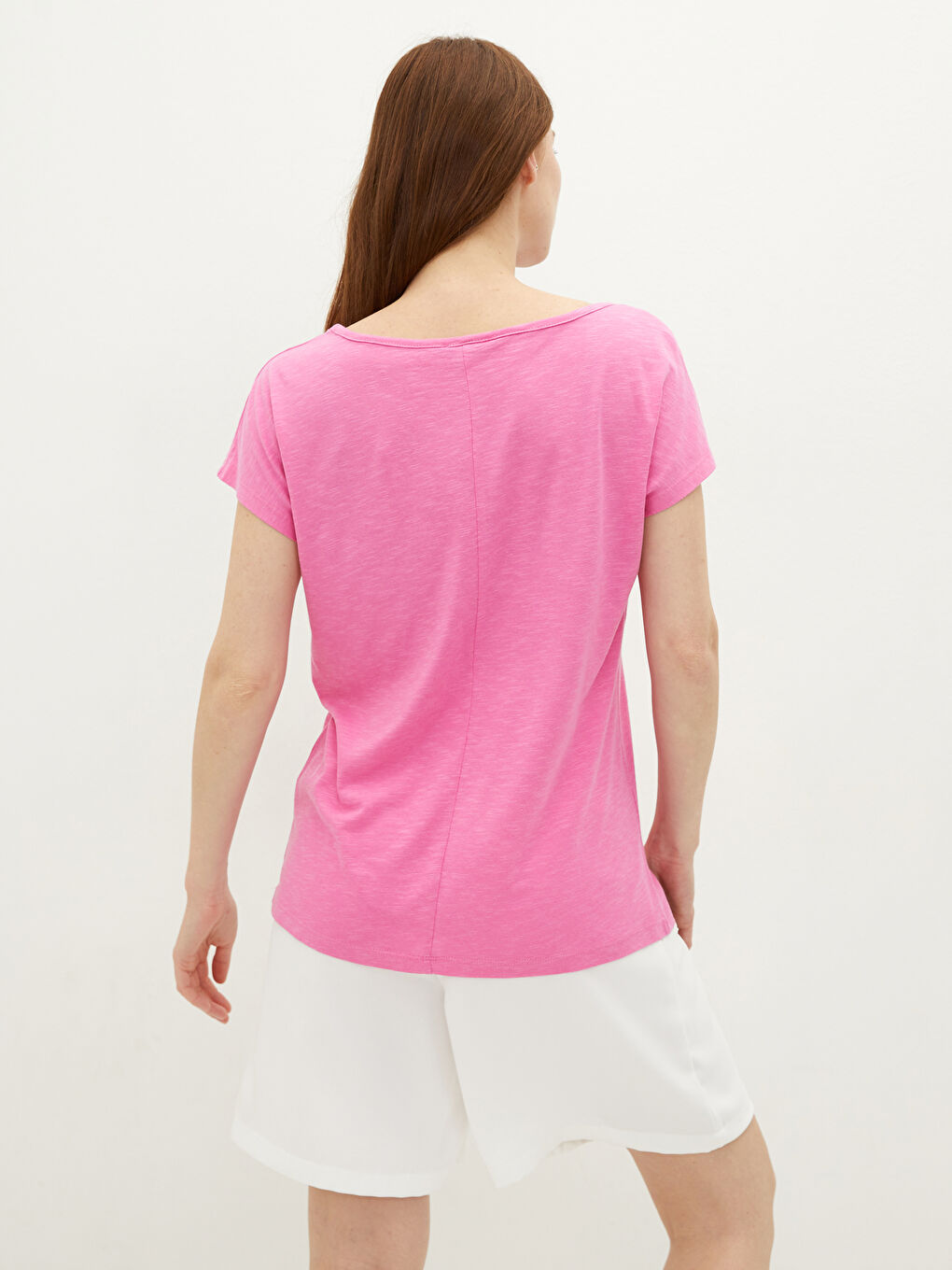 Pembe Bisiklet Yaka Düz Kısa Kollu Kadın Tişört-4