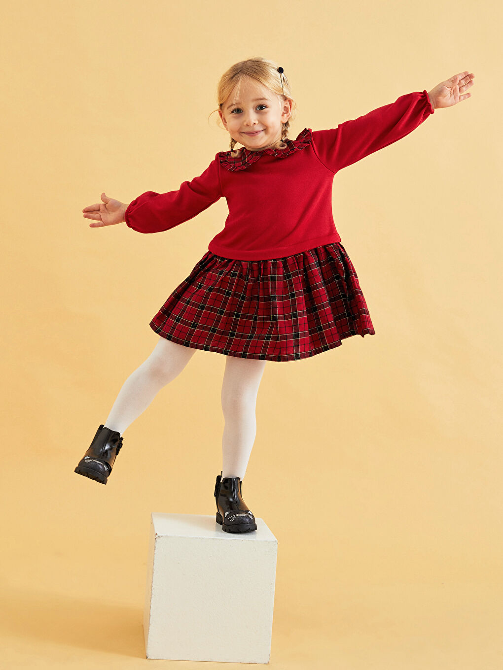 Langarm Kleid mit Rundhalsausschnitt und Karo-Muster für Baby Mädchen