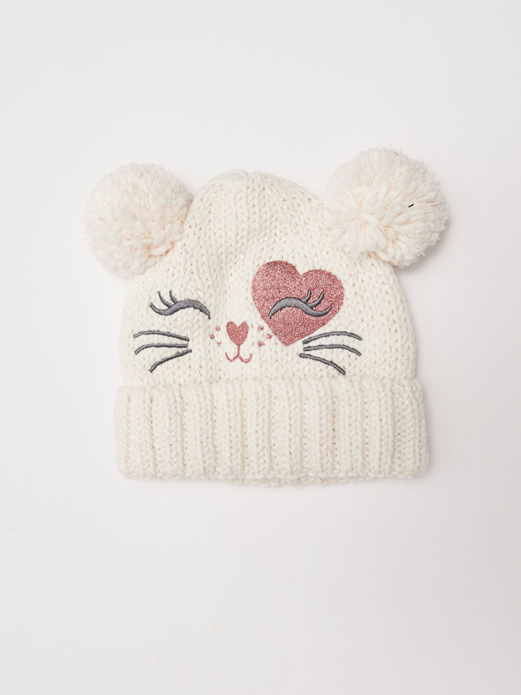 Pembe Kız Çocuk Nakışlı Ponponlu Triko Bere