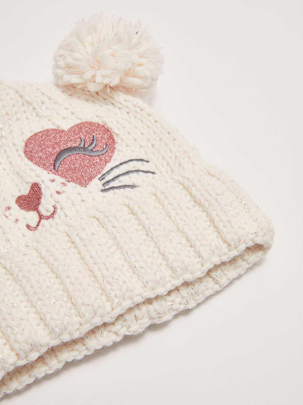 Pembe Kız Çocuk Nakışlı Ponponlu Triko Bere-1