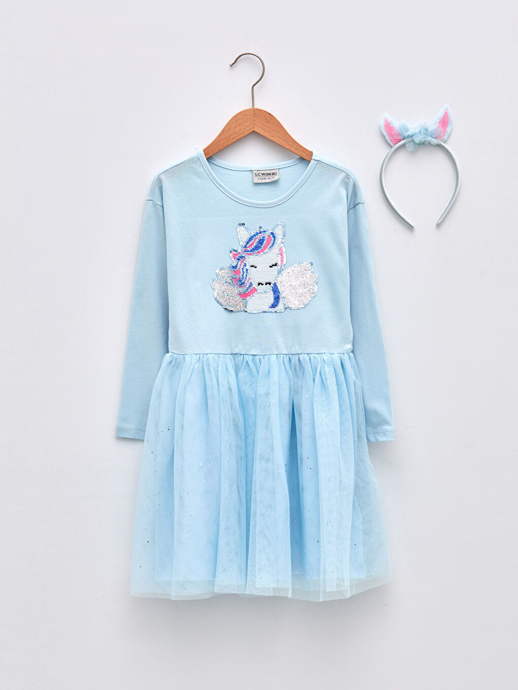 Mavi Bisiklet Yaka Pul İşlemeli Uzun Kollu Kız Çocuk Elbise ve Taç