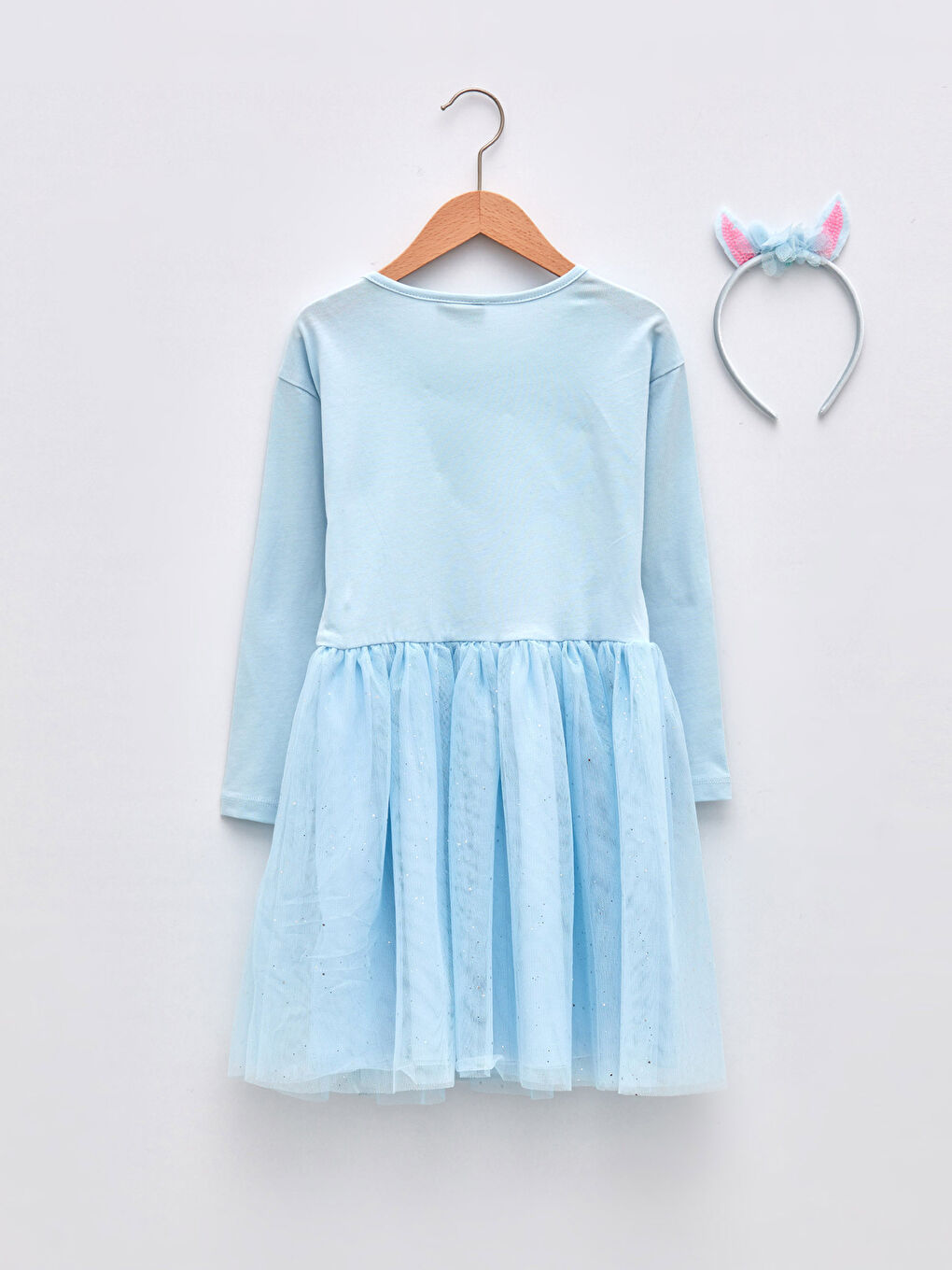 Mavi Bisiklet Yaka Pul İşlemeli Uzun Kollu Kız Çocuk Elbise ve Taç-1