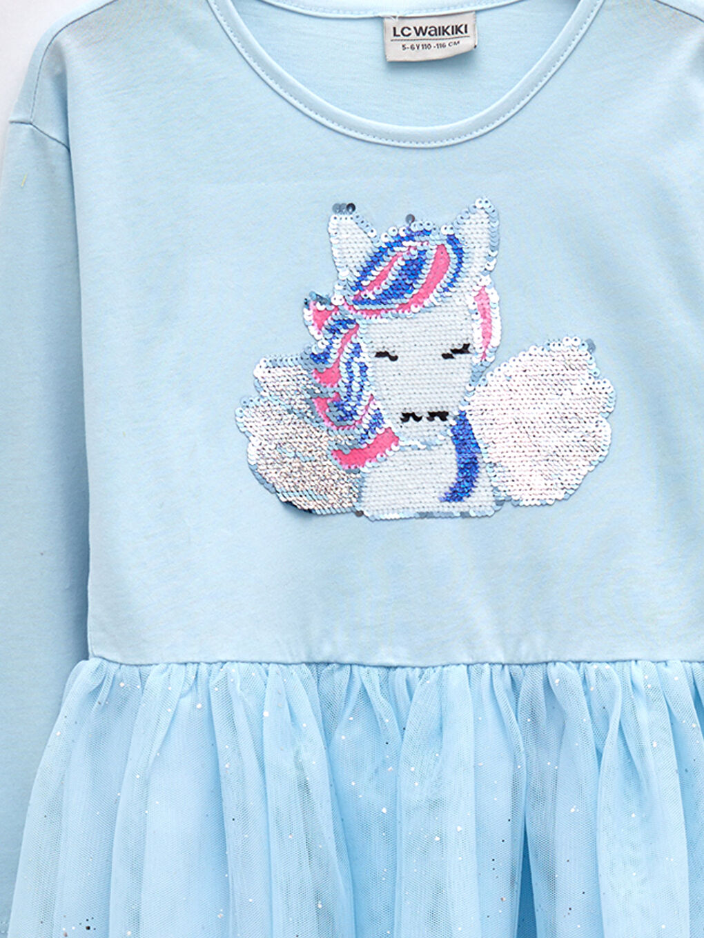 Mavi Bisiklet Yaka Pul İşlemeli Uzun Kollu Kız Çocuk Elbise ve Taç-2