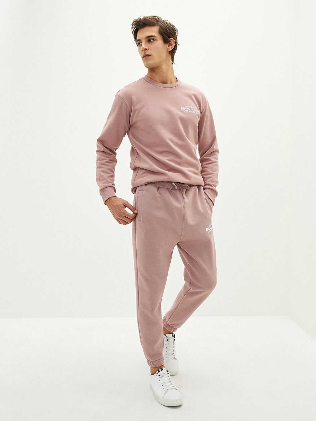 Pembe Slim Fit Erkek Kalın Jogger Eşofman Altı-2