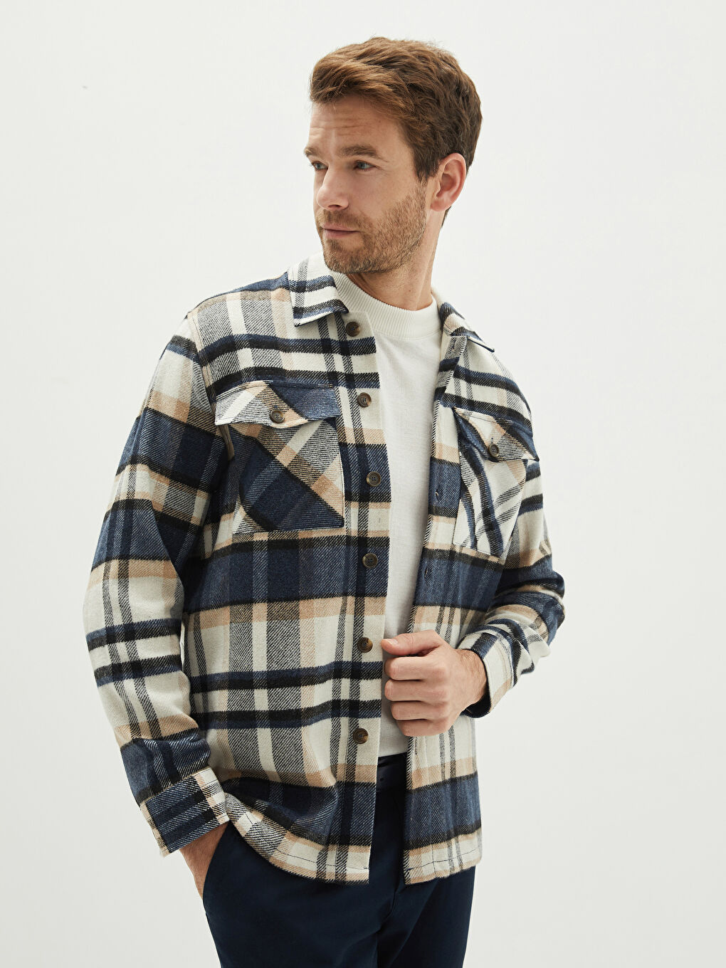 Lacivert Rahat Kalıp Uzun Kollu Ekose Erkek Oduncu Gömlek Ceket