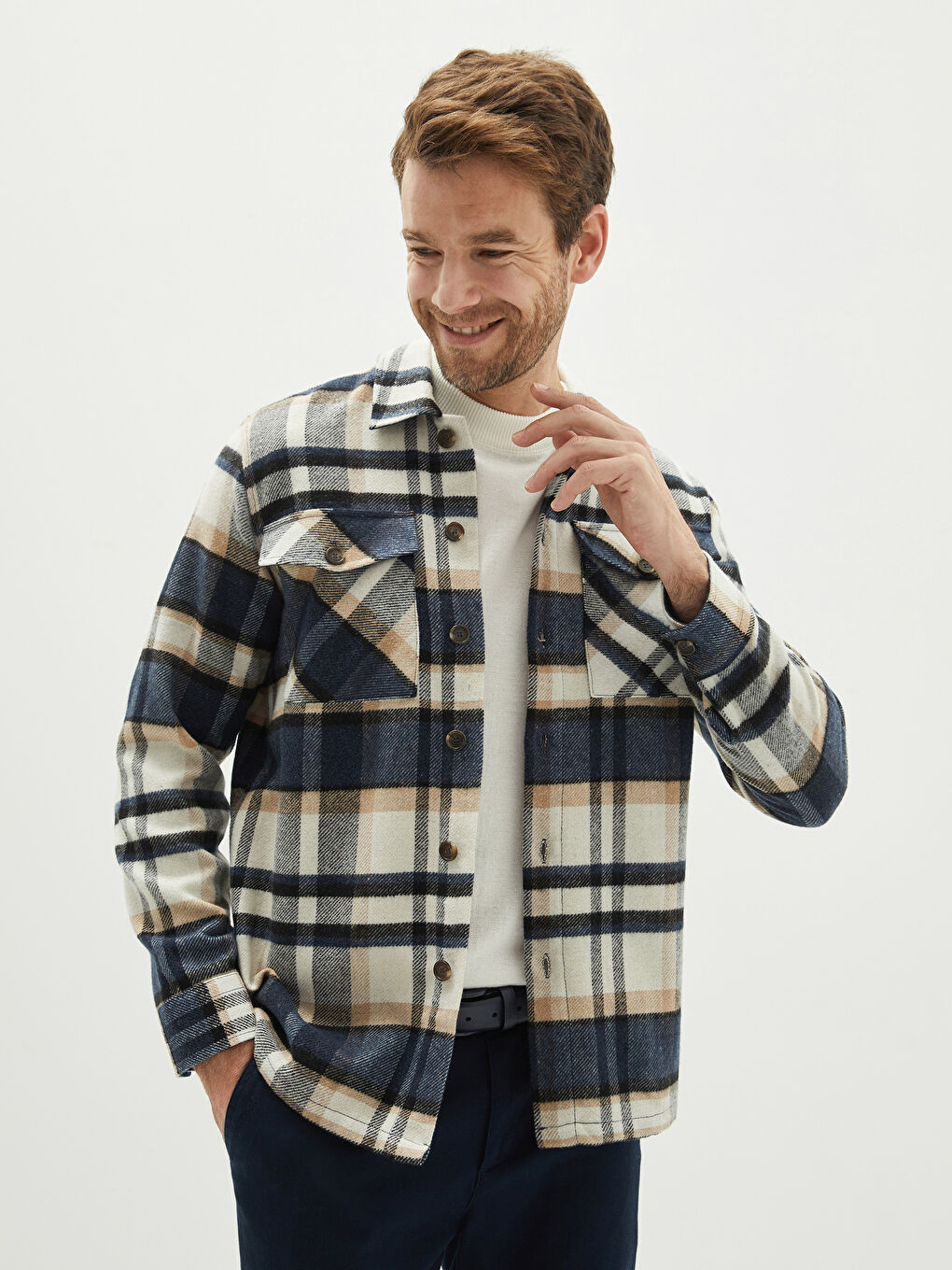 Lacivert Rahat Kalıp Uzun Kollu Ekose Erkek Oduncu Gömlek Ceket-1