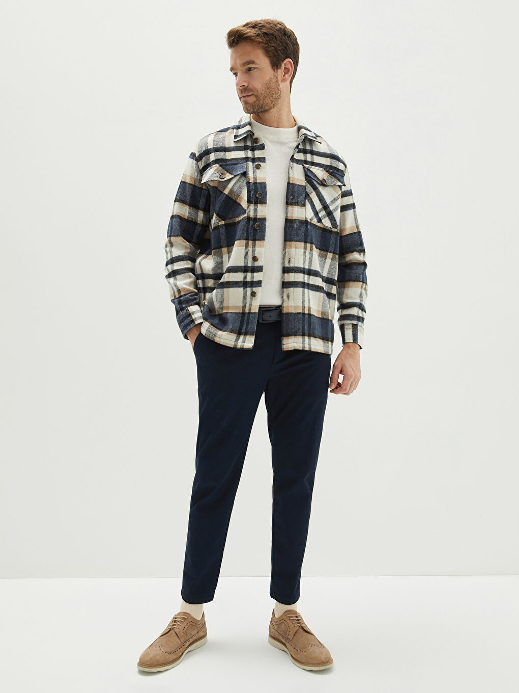 Lacivert Rahat Kalıp Uzun Kollu Ekose Erkek Oduncu Gömlek Ceket-2