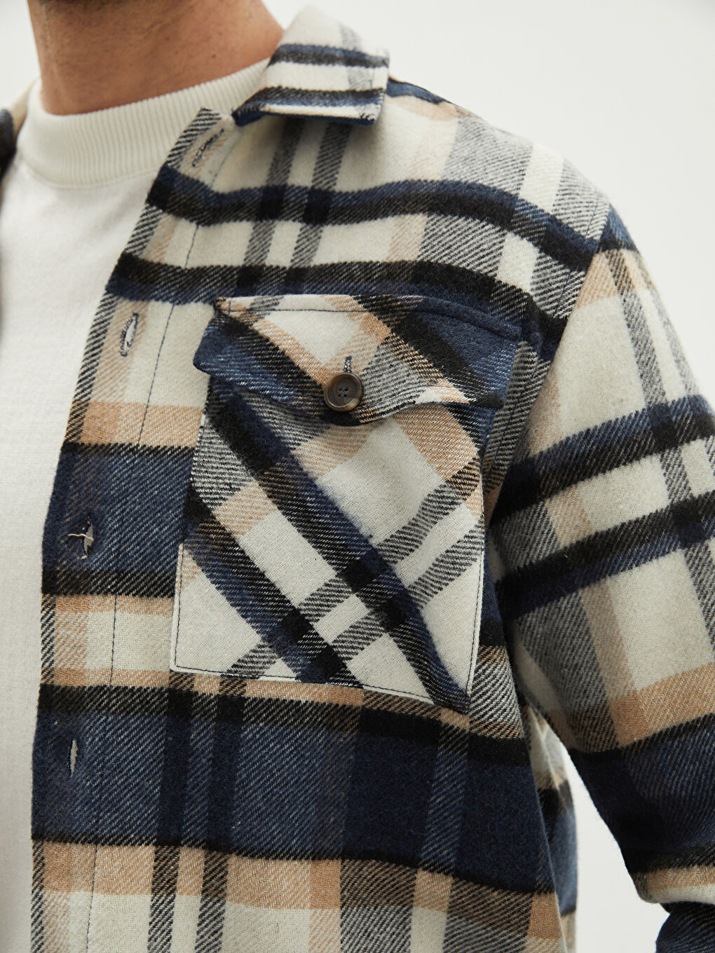 Lacivert Rahat Kalıp Uzun Kollu Ekose Erkek Oduncu Gömlek Ceket-3