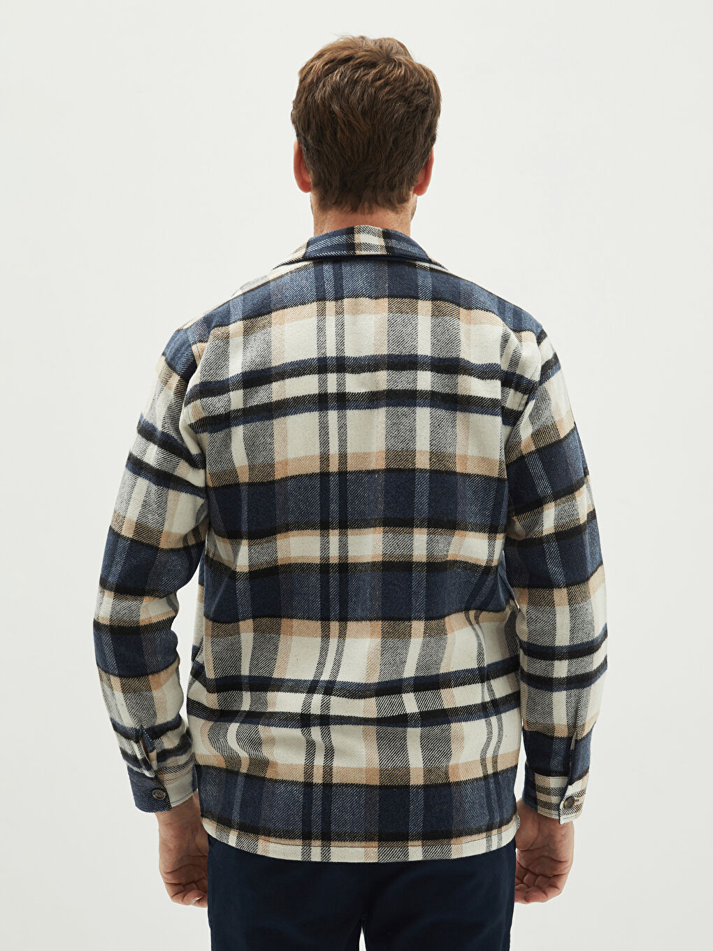 Lacivert Rahat Kalıp Uzun Kollu Ekose Erkek Oduncu Gömlek Ceket-4