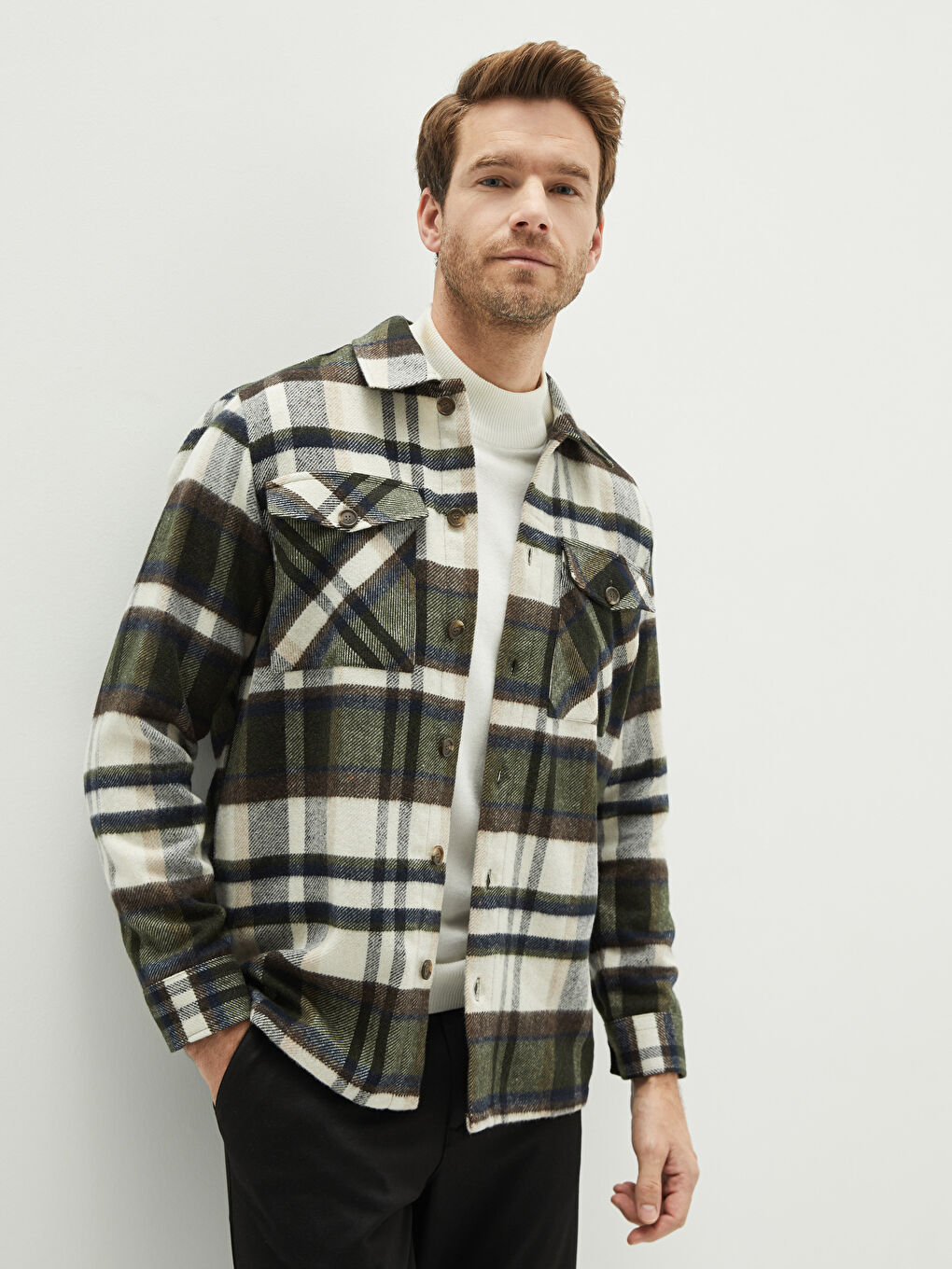 Yeşil Rahat Kalıp Uzun Kollu Ekose Erkek Oduncu Gömlek Ceket