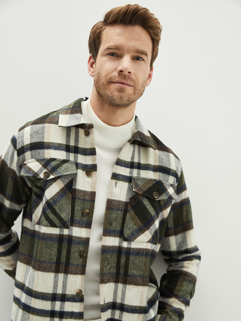 Yeşil Rahat Kalıp Uzun Kollu Ekose Erkek Oduncu Gömlek Ceket-1