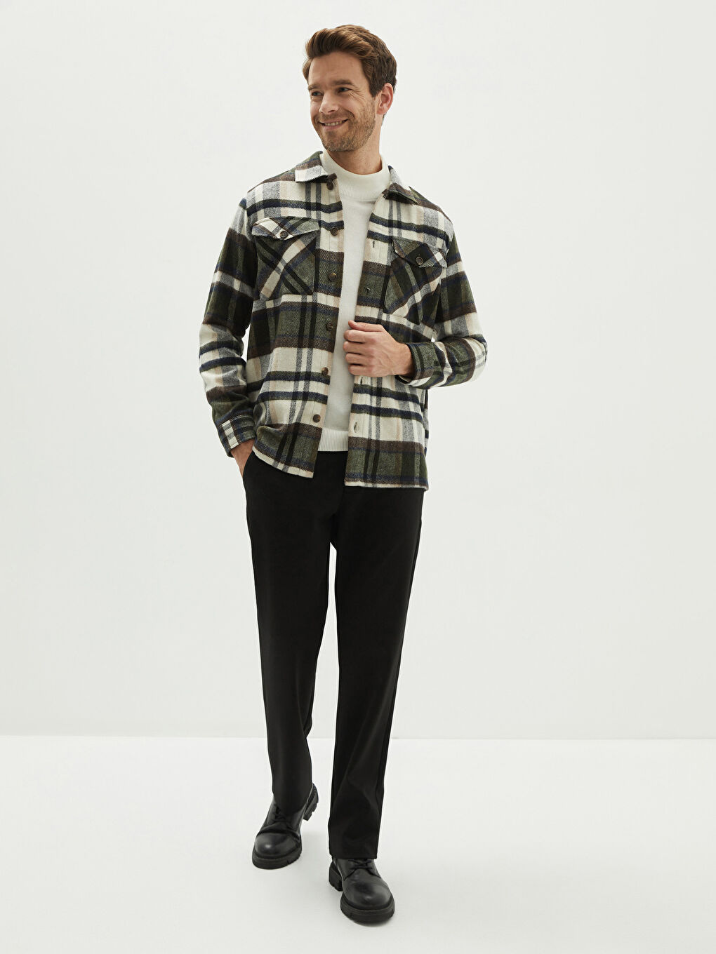 Yeşil Rahat Kalıp Uzun Kollu Ekose Erkek Oduncu Gömlek Ceket-2