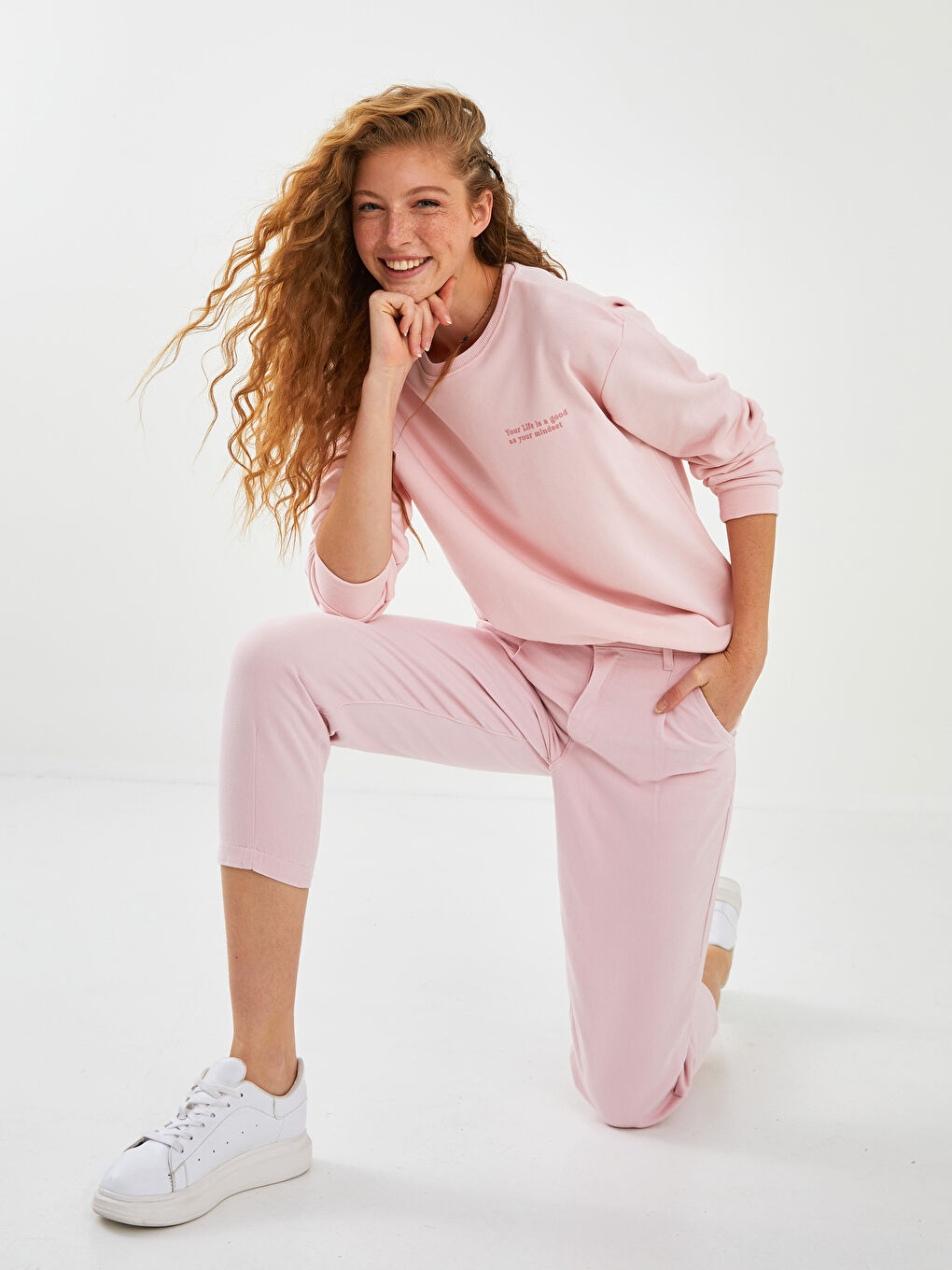 Pembe Kadın Yüksek Bel Slouchy Düz Jean Pantolon-2