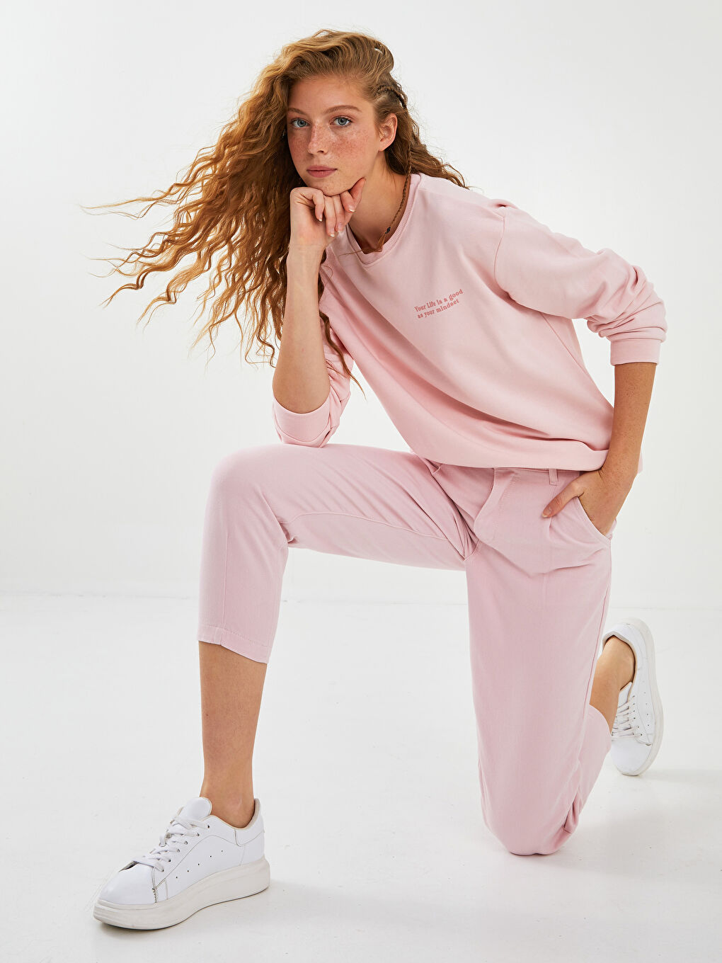 Pembe Kadın Yüksek Bel Slouchy Düz Jean Pantolon-3